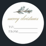 Sticker Rond NOEL Rustic Winter Pine to From Christmas Cadeau<br><div class="desc">Cet autocollant cadeau de et vers comporte des branches rustiques de pin aquarelle et une élégante police de script doré. Cet autocollant cadeau de vacances est parfait pour les cadeaux de vacances! Ajoutez à vos forfaits favoris à vos amis,  voisins et proches.</div>