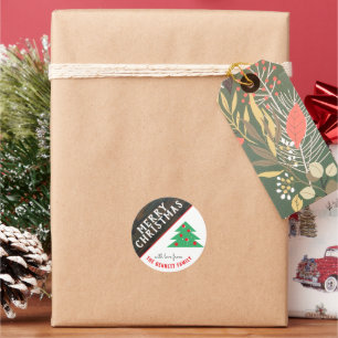 Sticker Rond Noël rustique Arbre Rouge Famille Noël