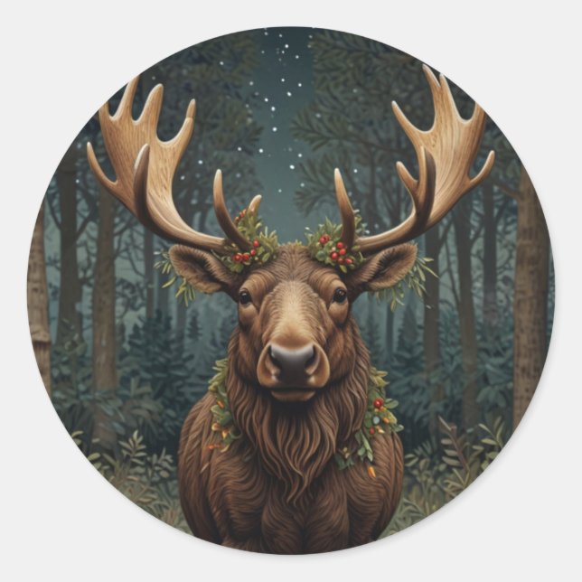 Sticker Rond Noël rustique élan cerf boho forêt boisée  (Devant)