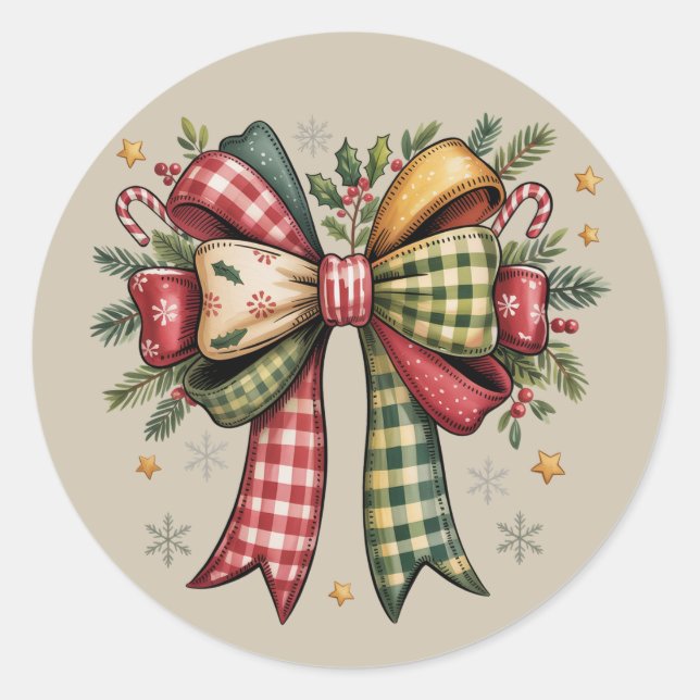 Sticker Rond Noël rustique en patchwork Bow Cozy Fêtes (Devant)