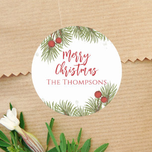 Sticker Rond Noël Simple Red Holly Berries Pine Feuilles
