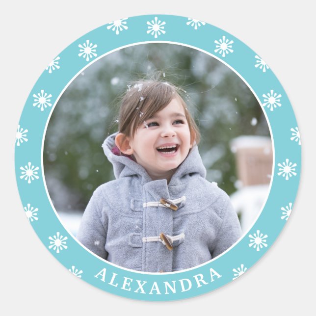 Sticker Rond Noël Snowflakes Nom photo Blue (Devant)