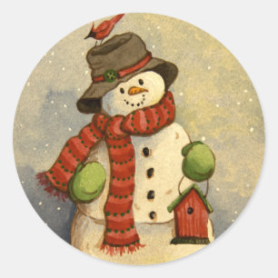 Sticker Rond Noël Snowman et Birdhouse 4905