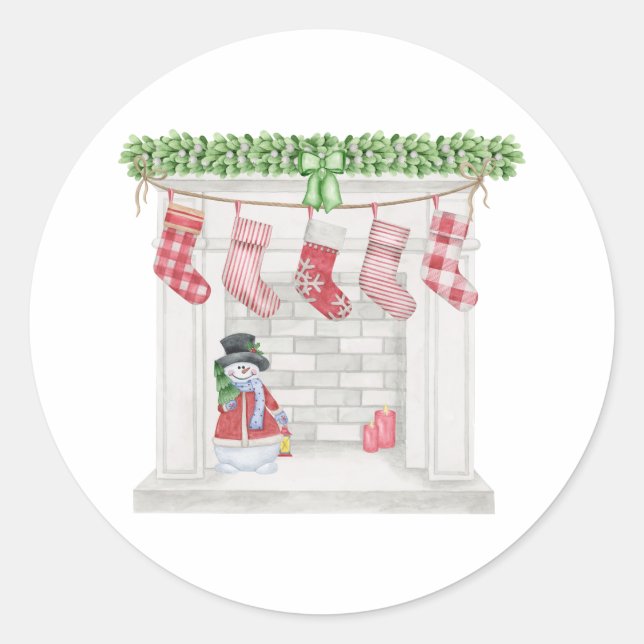 Sticker Rond Noël Snowman et cheminée Stockage (Devant)
