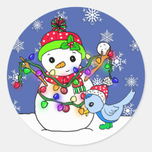 Sticker Rond Noël Snowman et Oiseau bleu neige