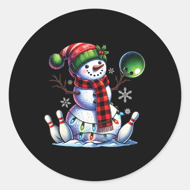 Sticker Rond Noël Snowman Jouer Bowling Ll Et Pins Noël (Devant)