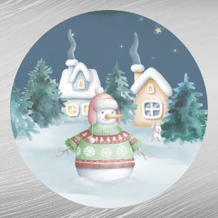 Sticker Rond Noël Snowman Maisons Lapin Arbres Aquarelle