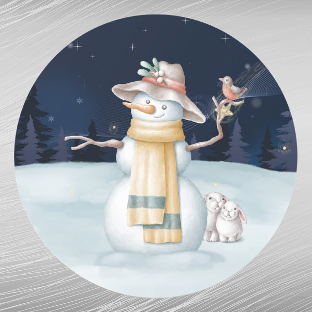 Sticker Rond Noël Snowman Rabbit Casquette Aquarelle (Créateur téléchargé)