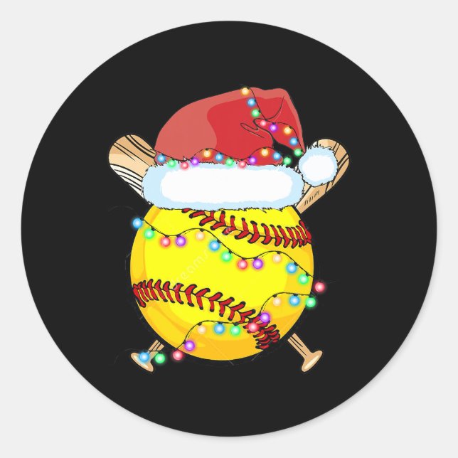 Sticker Rond Noël Softball Santa Hat Reindeer Lumières Noël (Devant)