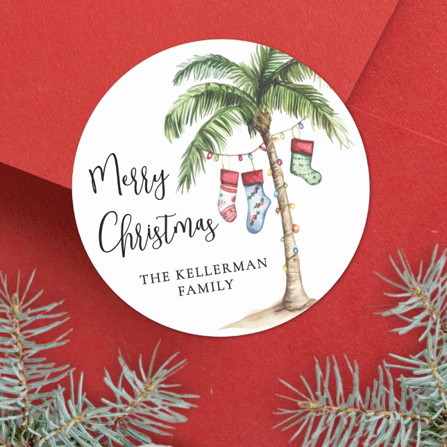 Sticker Rond Noël sur la plage (Tropical Beach Christmas Classic Round Sticker)