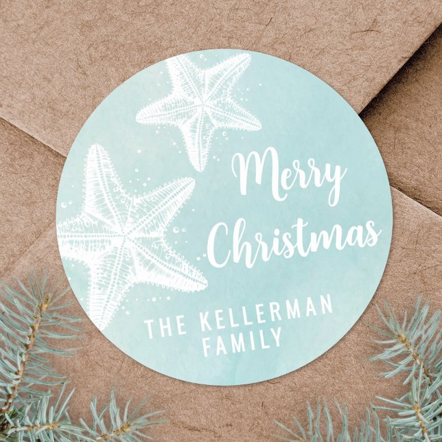 Sticker Rond Noël sur la plage (Starfish Beach Christmas Classic Round Sticker)