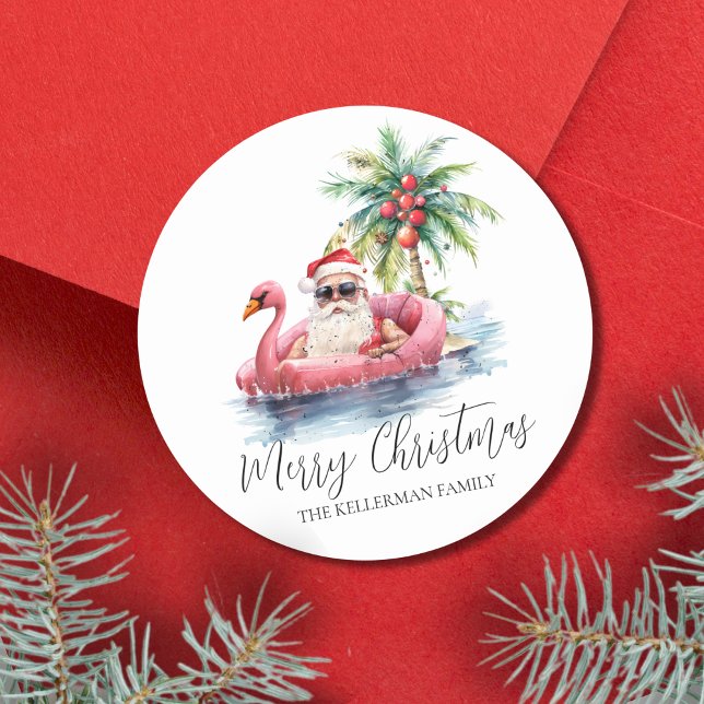 Sticker Rond Noël sur une plage tropicale (Santa Claus Tropical Beach Christmas Classic Round Sticker)