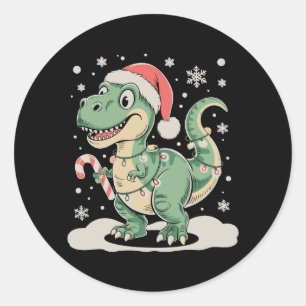 Sticker Rond Noël T Rex Dinosaure Xmas Chapeau de Père Noël Vac