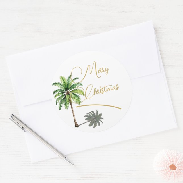 Sticker Rond Noël Tropical Palm Tree Gold Joyeux (Enveloppe)