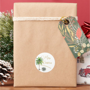 Sticker Rond Noël Tropical Palm Tree Gold Joyeux