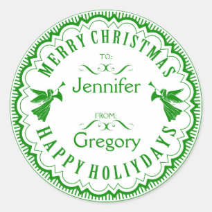 Sticker Rond Noël Typographique Vert & Blanc Avec Anges
