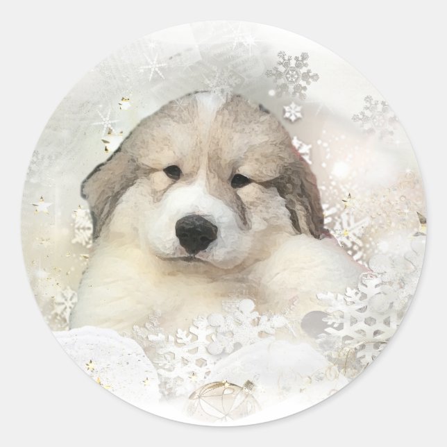 Sticker Rond Noël Vacances Great Pyrenees Pup Aquarelle (Devant)