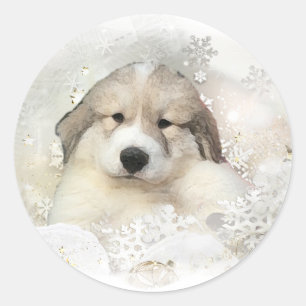 Sticker Rond Noël Vacances Great Pyrenees Pup Aquarelle
