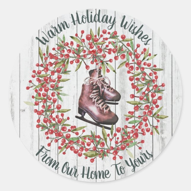 Sticker Rond Noël Vacances Rustique Wreath and Skates (Devant)