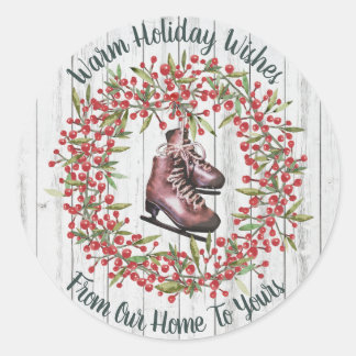 Sticker Rond Noël Vacances Rustique Wreath and Skates