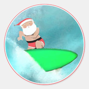 Sticker Rond Noël Vacances Surfant Santa Plage