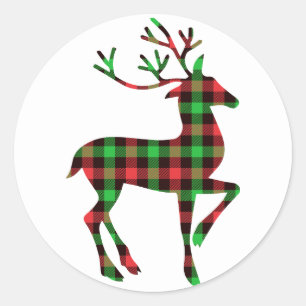 Sticker Rond Noël Vacances Tartan Plaid Motif Reinder
