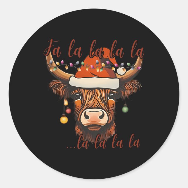 Sticker Rond Noël Vache Highland Falalala Xmas Heifer Cowgir (Devant)