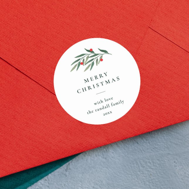 Sticker Rond Noël Verdure Feuille Typographie minimale Blanc (Simple merry christmas gift tag with hand painted red and green foliage and minimal typography.)