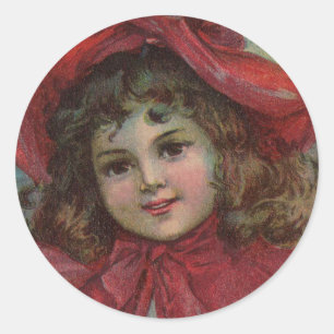 Sticker Rond Noël Victorien Enfant Rouge Casquette Portrait Fil