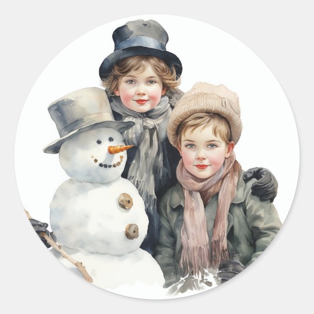 Sticker Rond Noël Vieux mode Enfants Snowman Aquarelle (Devant)