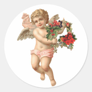 Sticker Rond Noël vintage, Ange victorien avec couronne florale