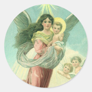 Sticker Rond Noël vintage, ange victorien avec l'enfant Jésus
