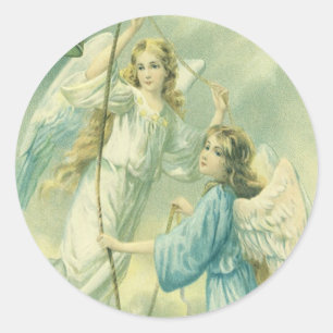 Sticker Rond Noël vintage, anges victoriens avec une cloche