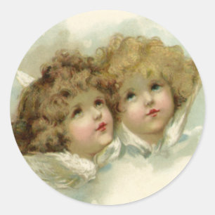 Sticker Rond Noël vintage, Anges victoriens dans les nuages