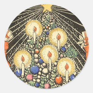 Sticker Rond Noël vintage, arbre avec bougies et une étoile