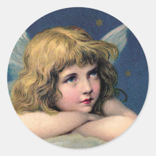 Sticker Rond Noël vintage, Bel Ange avec des Étoiles d'Or