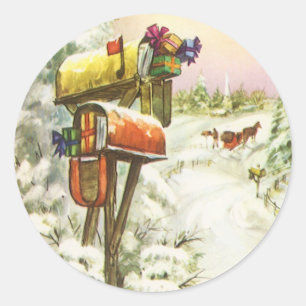 Sticker Rond Noël vintage, boîtes aux lettres dans un paysage h