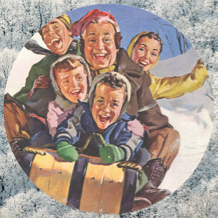 Sticker Rond Noël Vintage, Bonne famille Toboggan dormant