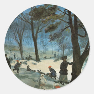 Sticker Rond Noël vintage, Central Park en hiver Glackens