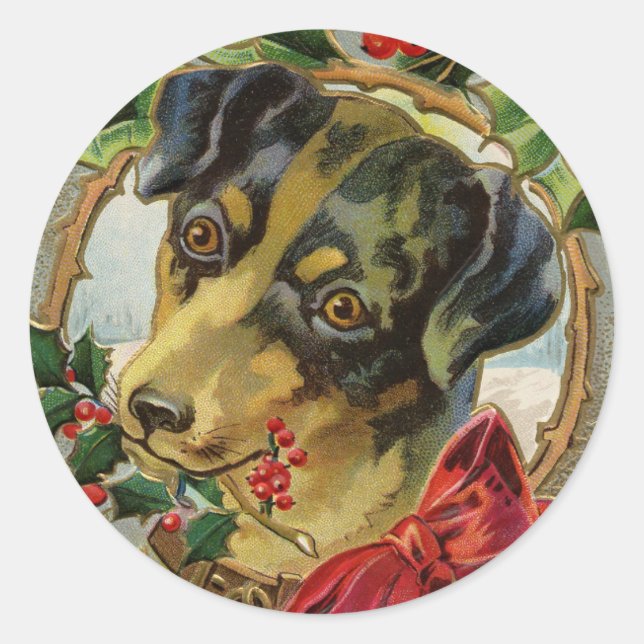 Sticker Rond Noël vintage, chiot teckel avec houx (Devant)