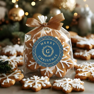 Sticker Rond Noël Vintage Couronne Monogramme Carreaux Bleus