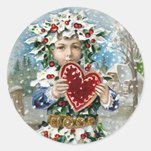 Sticker Rond Noël vintage de "coeur et de neige"