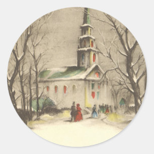 Sticker Rond Noël vintage, église dans un paysage enneigé hiver