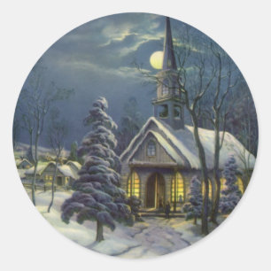 Sticker Rond Noël vintage, église d'hiver dans la neige avec la