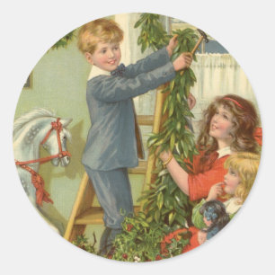 Sticker Rond Noël Vintage, Enfants Victoriens Décoration