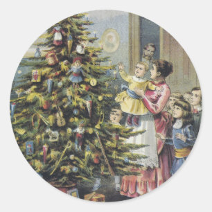 Sticker Rond Noël vintage, famille victorienne autour de l'arbr