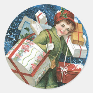Sticker Rond Noël vintage, fille avec des cadeaux dans la neige