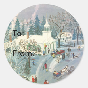 Sticker Rond Noël vintage, gens allant à l'église dans la neige