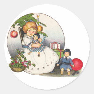 Sticker Rond Noël vintage, Joyeuse fille jouant avec des poupée
