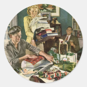 Sticker Rond Noël Vintage, Joyeux Cadeaux d'Enveloppement Famil